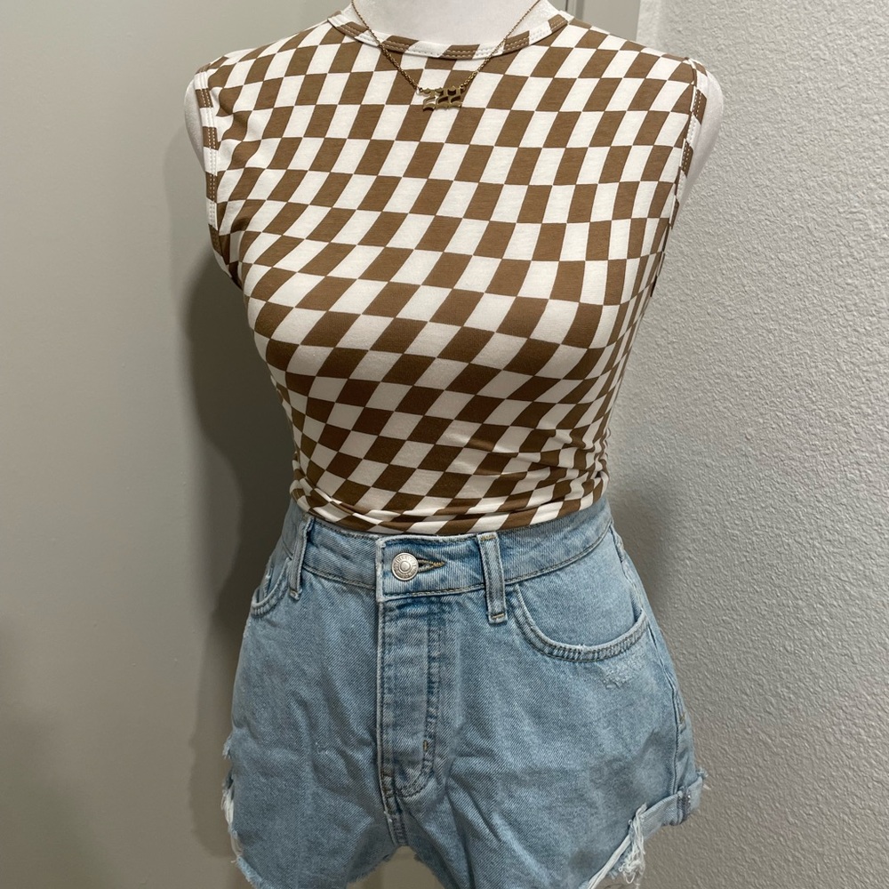 MOTEL Rocks Gimon Brown & White Checkered Crop Tank Top - S - Picture 10 of 11